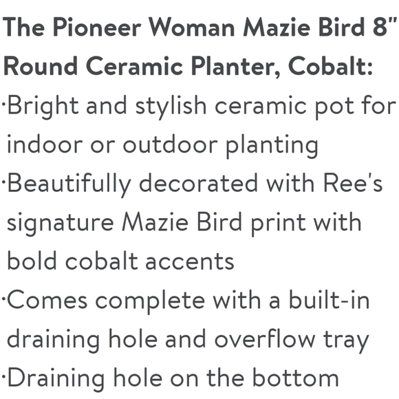 ❤️ New Mazie Bird 8" Cobalt Ceramic Planter from Pioneer Woman - Picture 6 of 8